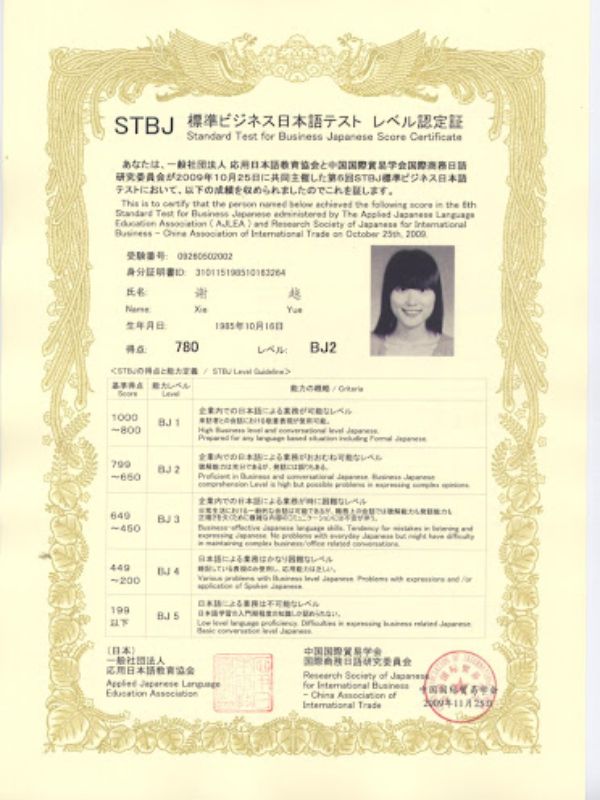 Chứng chỉ tiếng Nhật STBJ