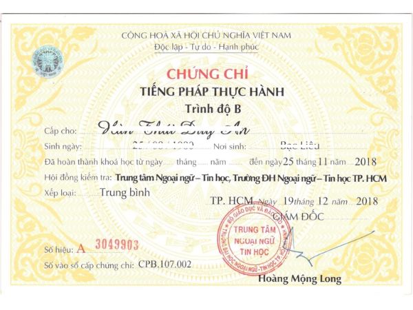 Chứng chỉ tiếng Pháp thực hành trình độ B (Mẫu cũ)