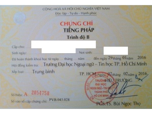 Chứng chỉ tiếng Pháp thực hành trình độ B (Mẫu cũ)