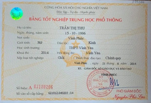Mẫu bằng cấp 3 Vĩnh Yên - Mặt trước